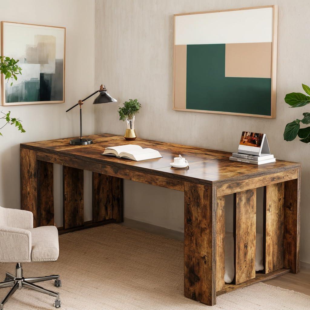 Tribesigns 63-Inch Executive Computer Desk, Industrial Writing Table with Solid Wooden Base for Home Office, Brown