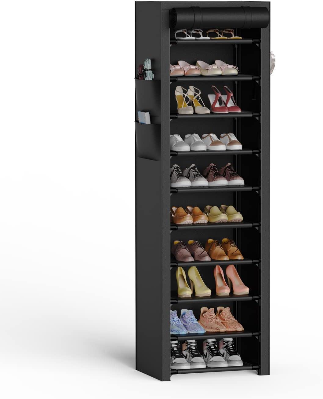 Black 10-Tier Vertical Narrow Shoe Rack with Fabric Cover