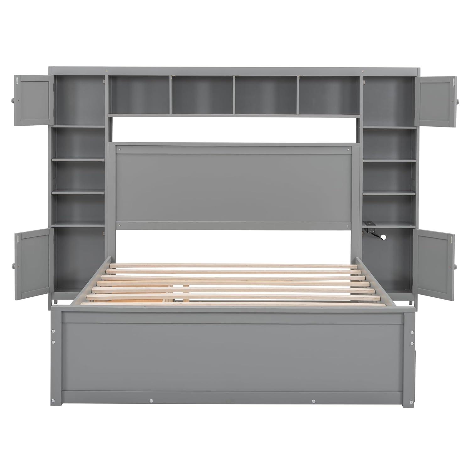 MODERNLUXE Queen Size Bed Frame with Trundle,Solid Wood Platform Bed with 10 Shelves,2 Storage Drawers,4 Cabinets,Charging Station and Bookcase Headboard,No Box Spring Needed/Noise Free,Gray