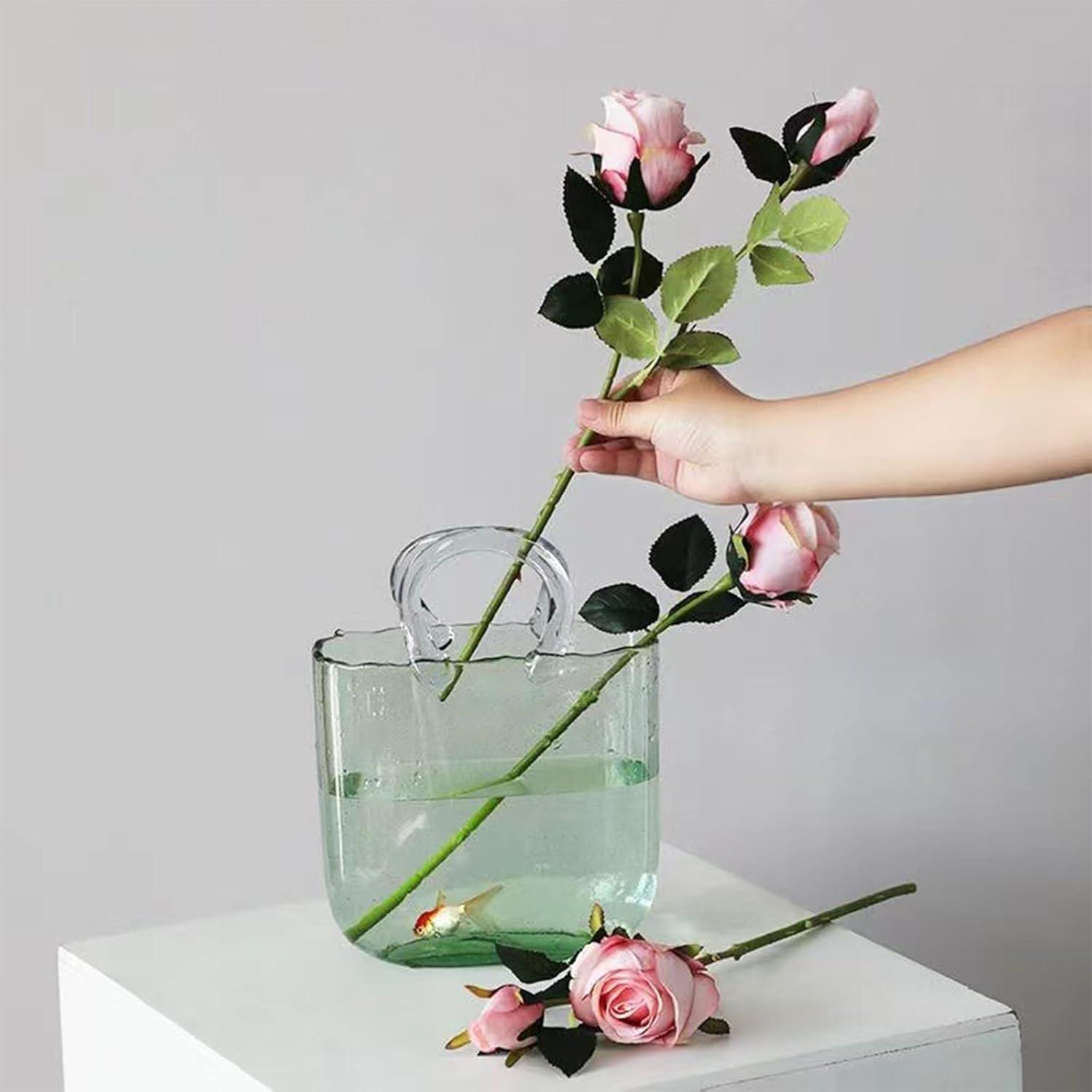 Aippl Glass Vase with Elegant Purse Design, Hand Purse vase with Fish Bowl, Unique Flower Vase with Handle and Bubbles - for Home Decor/Office/Garden/Wedding Decor/Enterpiece/Events(Light Green)