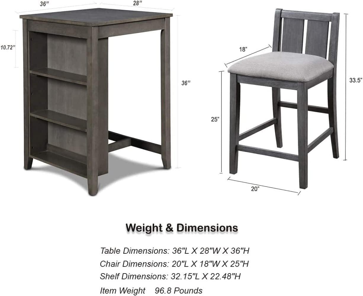 Gray Rubberwood 36-Inch Storage Counter Table Set with Two Chairs