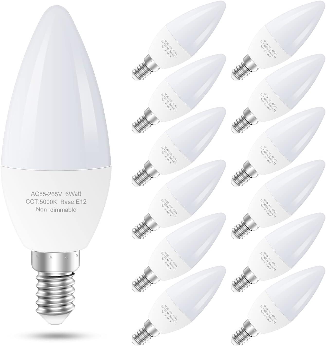 TGMOLD 6W LED E12 Candelabra Light Bulbs, 6 Watts (60W Equivalent), Daylight White 5000K, Chandelier Bulbs for Table Lamp, Chandelier, Ceiling Fan, Kitchen, 6 Pack