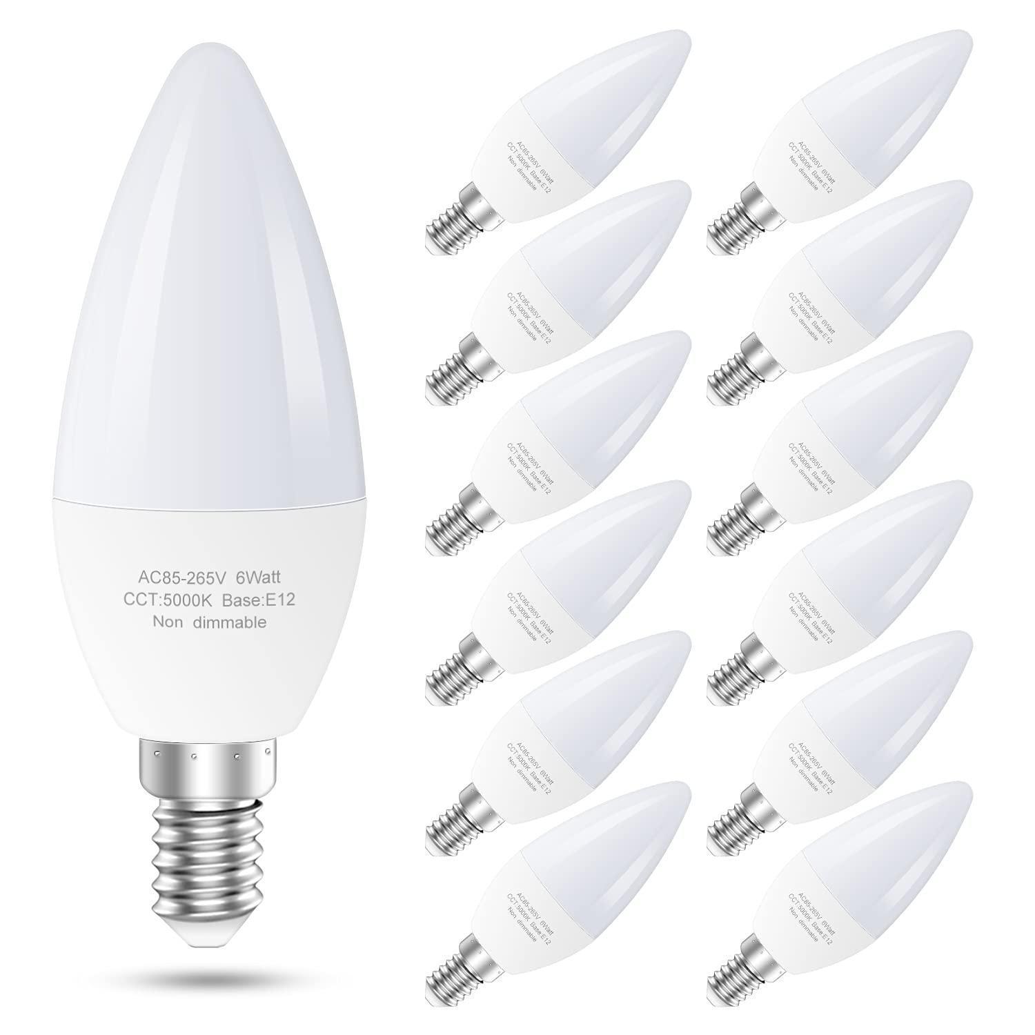 TGMOLD 6W LED E12 Candelabra Light Bulbs, 6 Watts (60W Equivalent), Daylight White 5000K, Chandelier Bulbs for Table Lamp, Chandelier, Ceiling Fan, Kitchen, 6 Pack