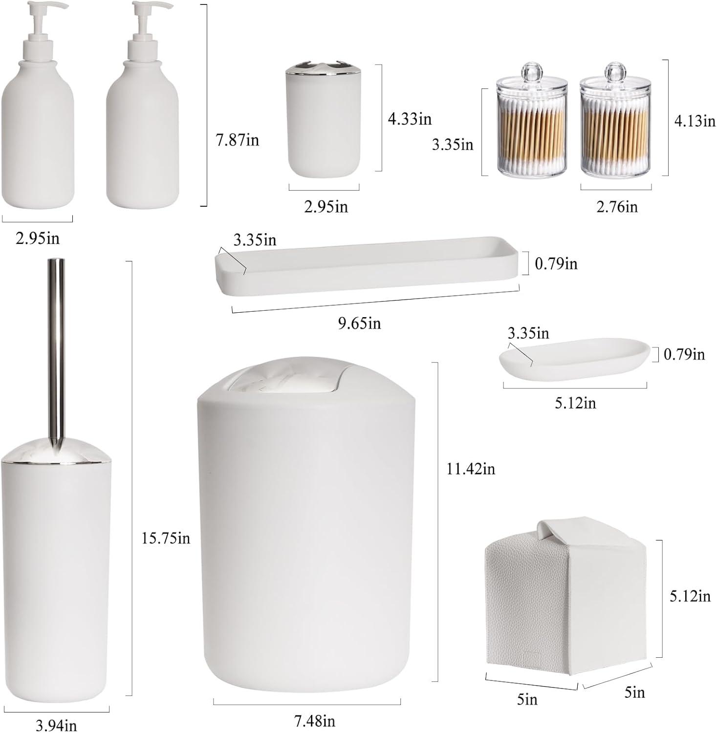 Bathroom Accessory Set - 10 PCS White Bathroom Accessories Sets Complete with Trash Can, Toothbrush Holder, Soap Dispenser, Soap Dish, Toilet Brush & Holder, Vanity Tray, Qtip Holder, Tissue Box Cover
