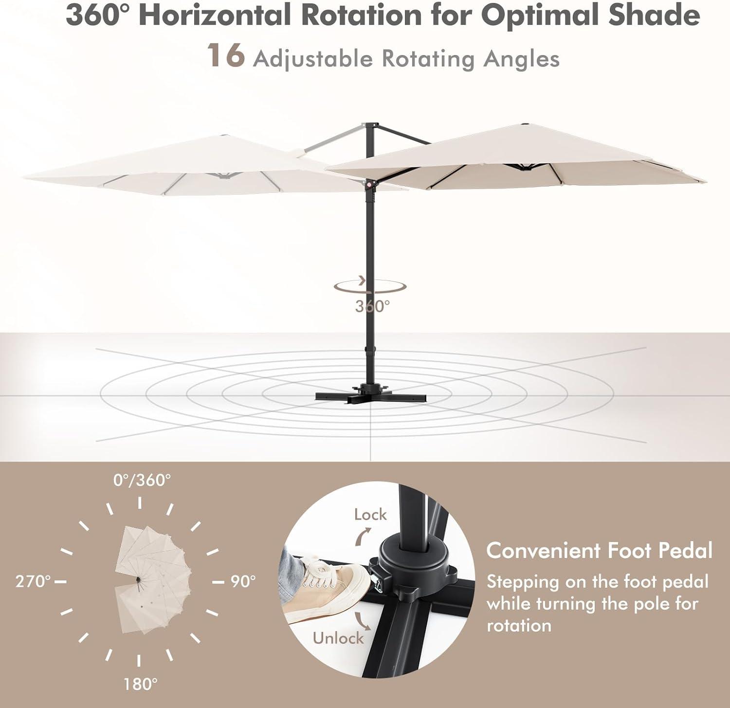 Spaco 9.5 Feet Square Patio Cantilever Umbrella with 360° Rotation-Beige, Patio Offset Umbrella with Easy Tilt Adjustment, Outdoor Cantilever Hanging Umbrella