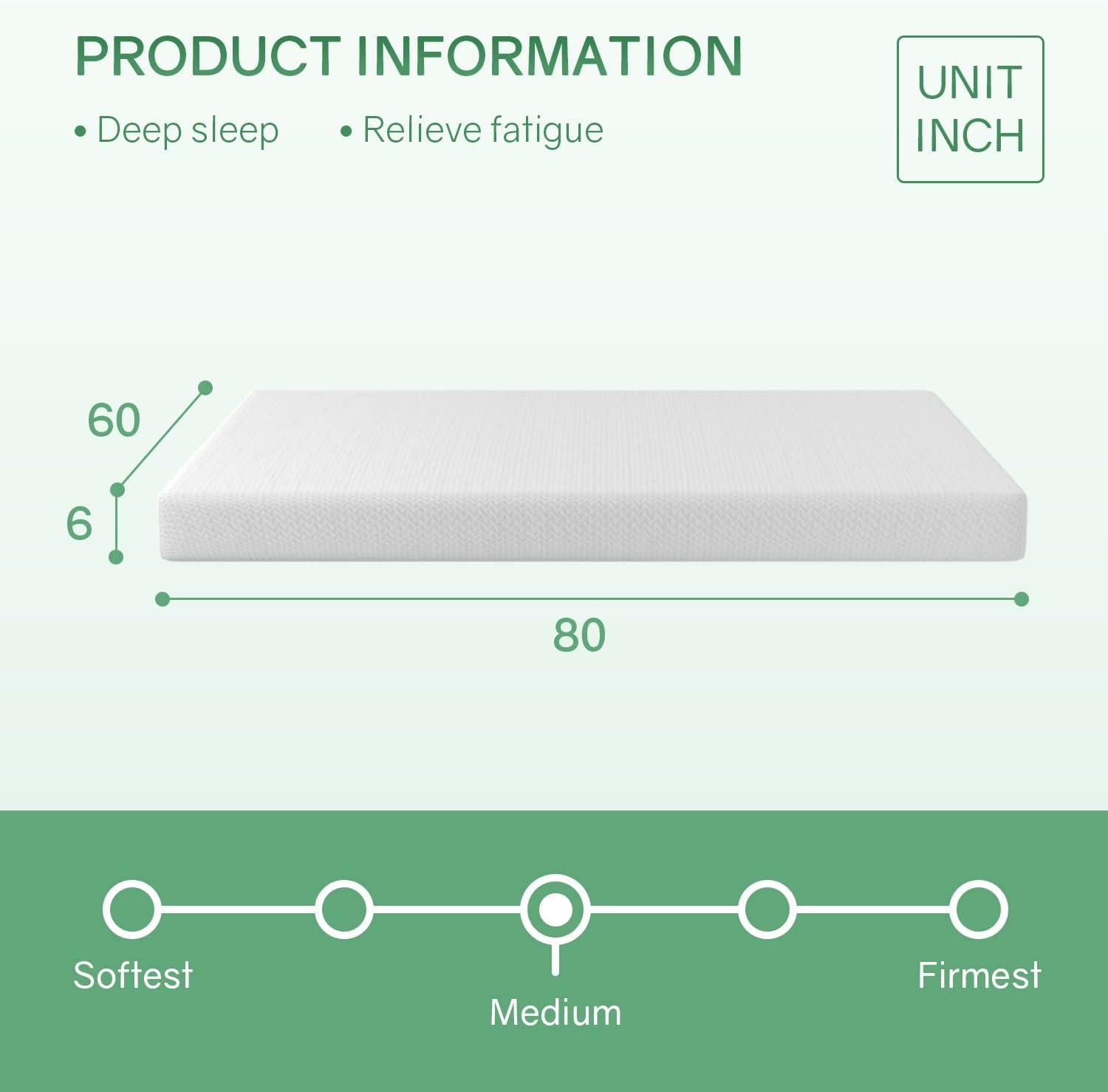 FDW 6 Inch Green Tea Memory Foam Mattress Cooling Gel Infused Mattress Fiberglass Free/CertiPUR-US Certified/Bed-in-a-Box,White