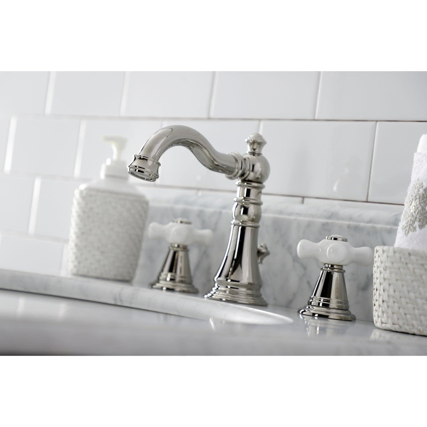 Kingston Brass American Classic Two-Handle 3-Hole Deck Mount Widespread Bathroom Faucet with Pop-Up Drain