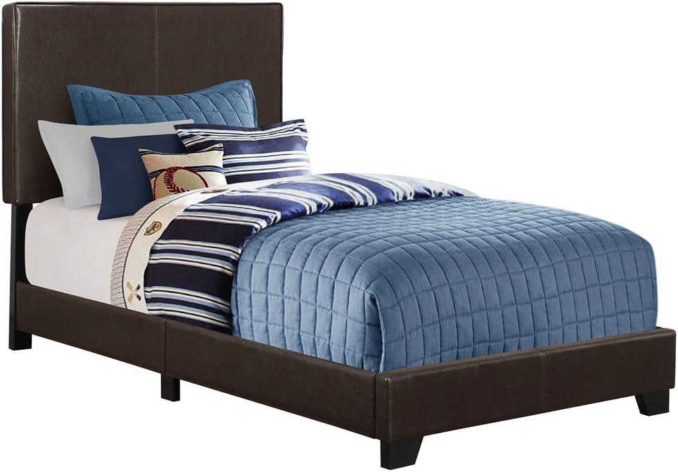 Monarch Specialties Bed Twin Size Platform Bedroom Frame Upholstered Pu Leather Look Wood Legs Brown Transitional
