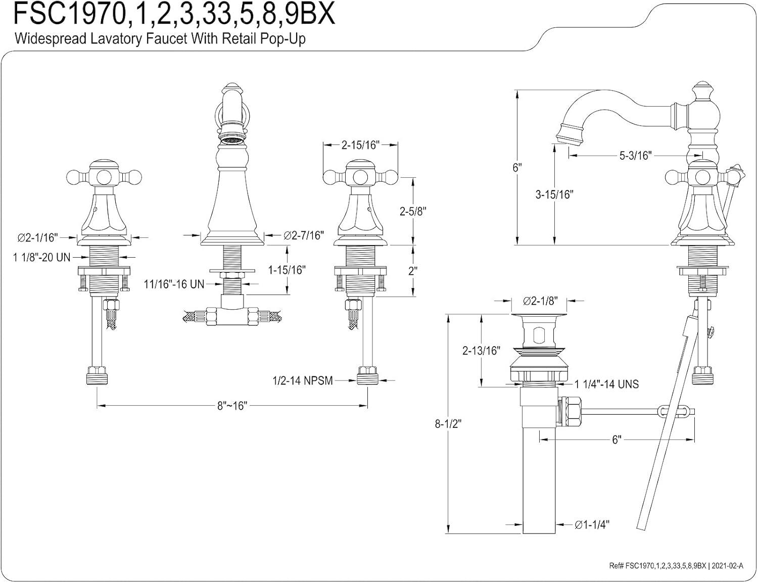 Kingston Brass Metropolitan Two-Handle 3-Hole Deck Mount Widespread Bathroom Faucet with Pop-Up Drain