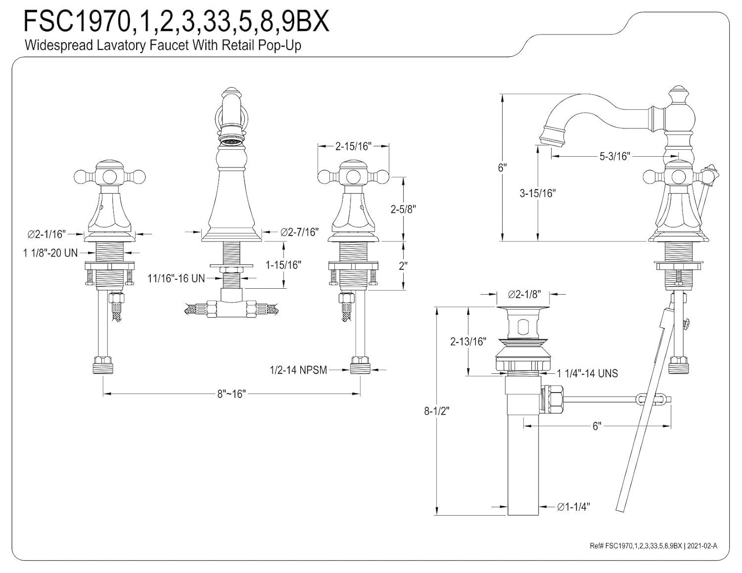 Kingston Brass Metropolitan Two-Handle 3-Hole Deck Mount Widespread Bathroom Faucet with Pop-Up Drain