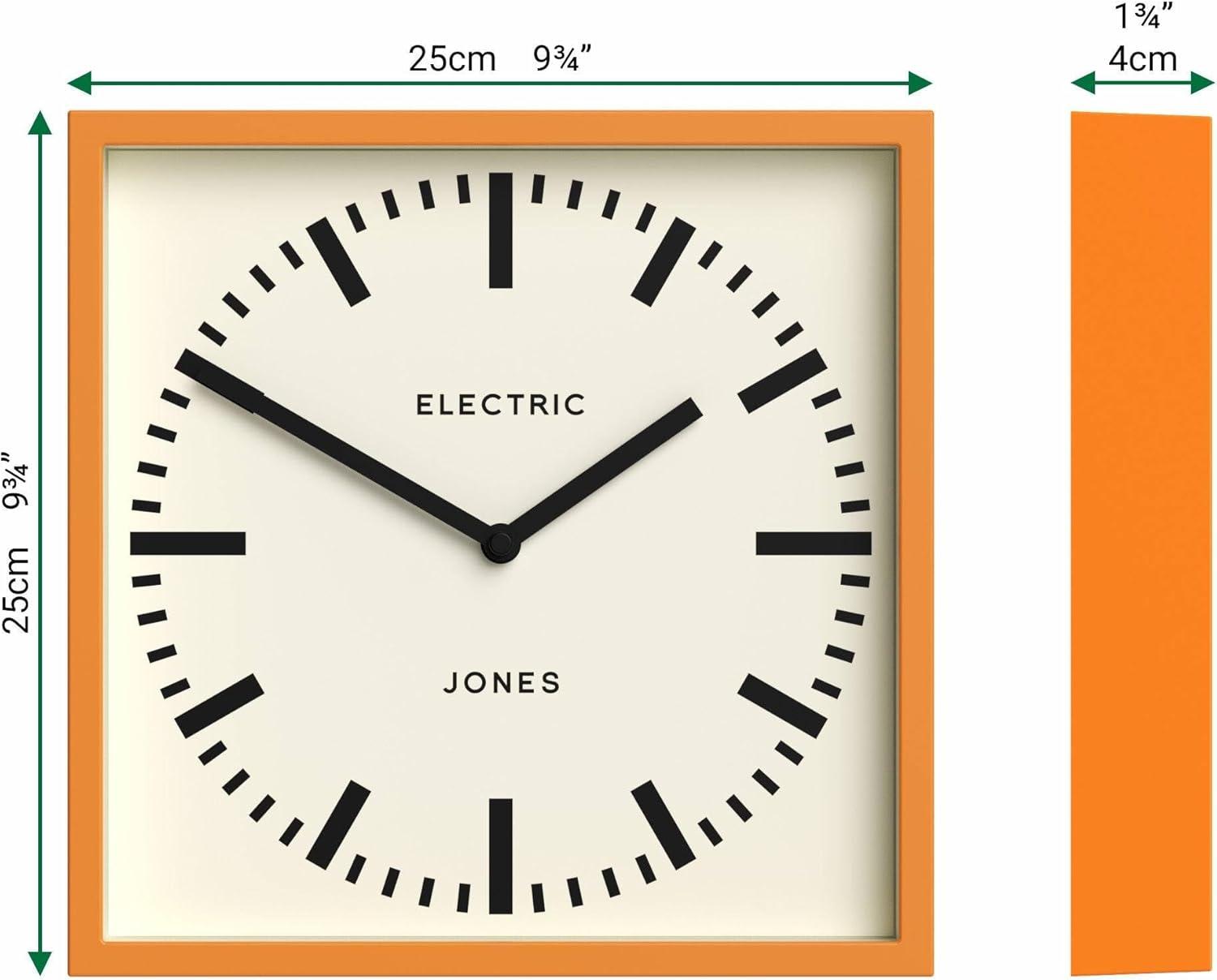 JONES CLOCKS® Box Railway Wall Clock | Square Station Clock | 10 inch | Cool Designer Look for Kitchen, Living Room or Office (Orange)