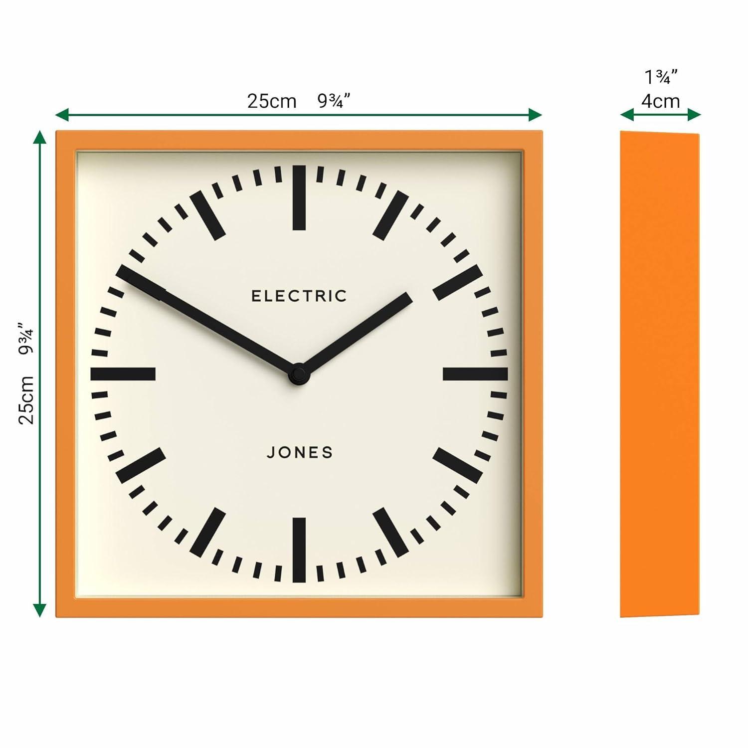 JONES CLOCKS® Box Railway Wall Clock | Square Station Clock | 10 inch | Cool Designer Look for Kitchen, Living Room or Office (Orange)