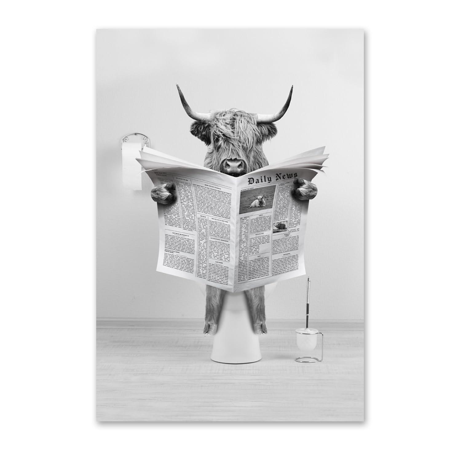 Modern Black Framed Highland Cow Wall Art Minimalist Bathroom Wall Decor Cute Funny Animals Artwork Canvas Prints Ready to Hang for Guest Bathroom, Hotel, Condo, Kids Bathroom, 12”x16”