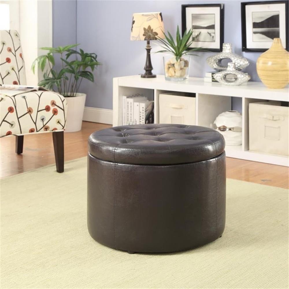 Convenience Concepts Designs4Comfort Round Shoe Storage Ottoman, Espresso Faux Leather