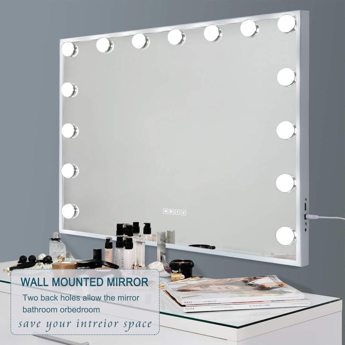 Fenair Bluetooth Makeup Mirror with Lights and Speaker Support Answer Call Hollywood Vanity Mirror, Touch Screen, 3 Color Modes Frameless Tabletop Mirror with 15 Dimmable Bulbs (White)