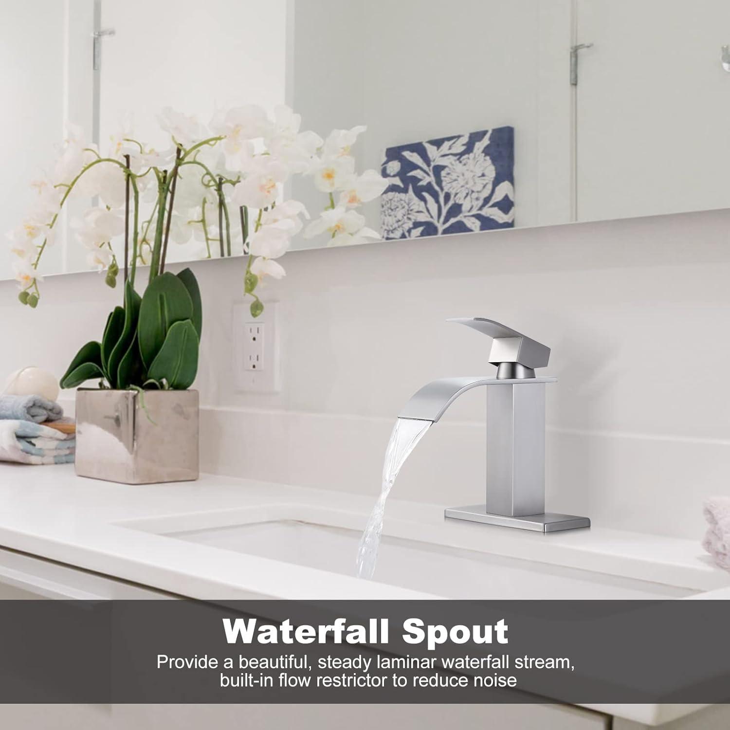 Waterfall Single Handle Bathroom Vanity Sink Faucet with Metal Pop-up Drain, Brushed Nickel Finish