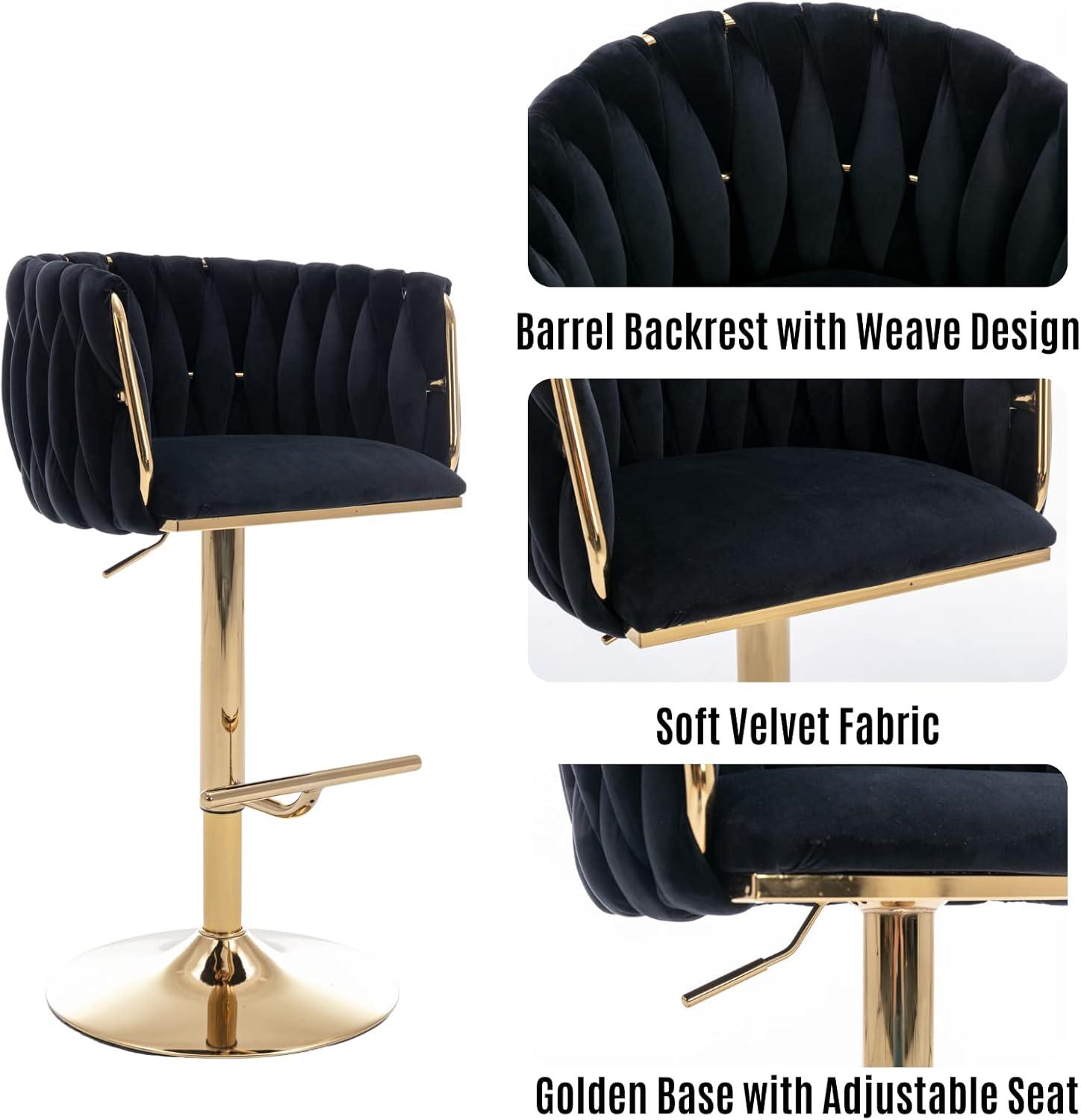 Velvet Bar Stools Set of 2, Counter Height Bar Stools with Low Back, Gold Swivel Barstools for Kitchen Island, Bar Pub (Grey)