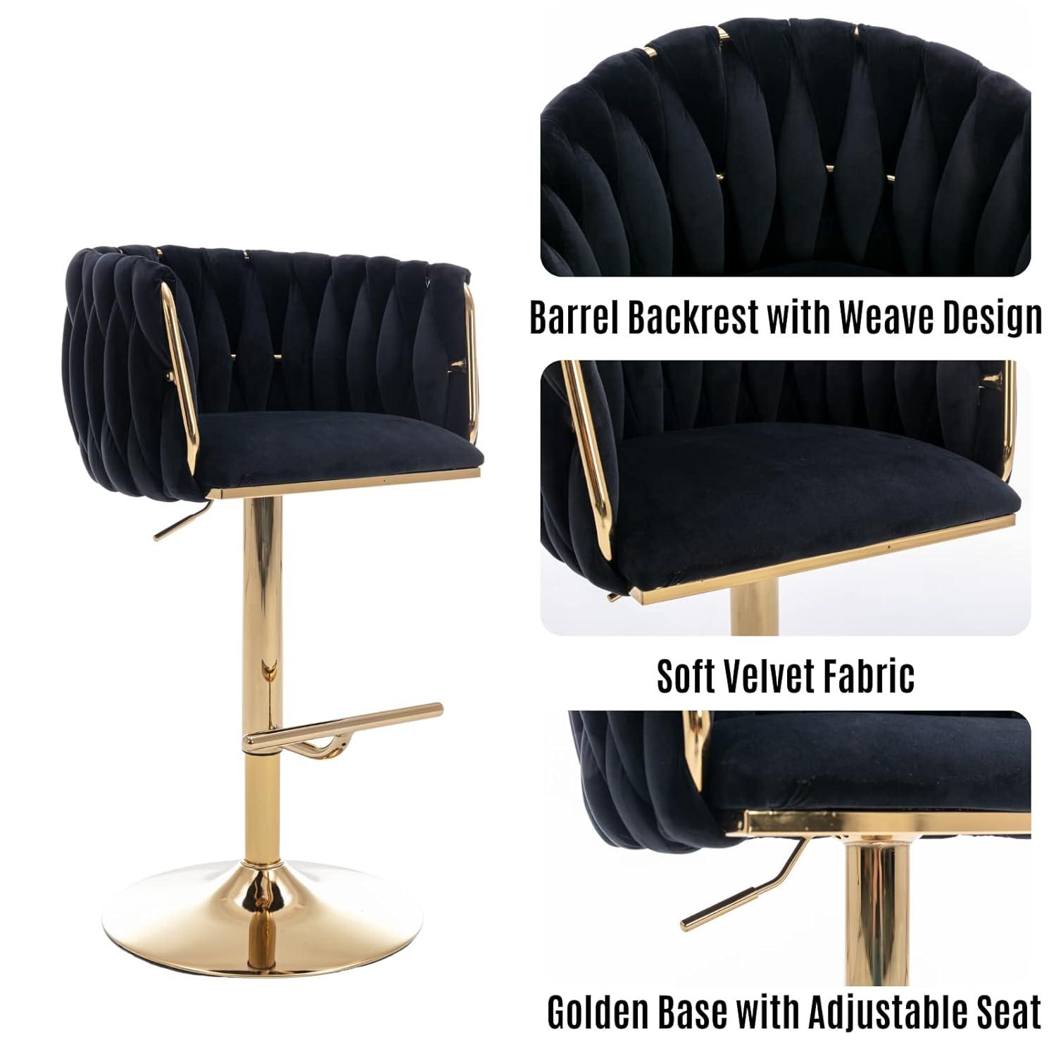 Velvet Bar Stools Set of 2, Counter Height Bar Stools with Low Back, Gold Swivel Barstools for Kitchen Island, Bar Pub (Grey)