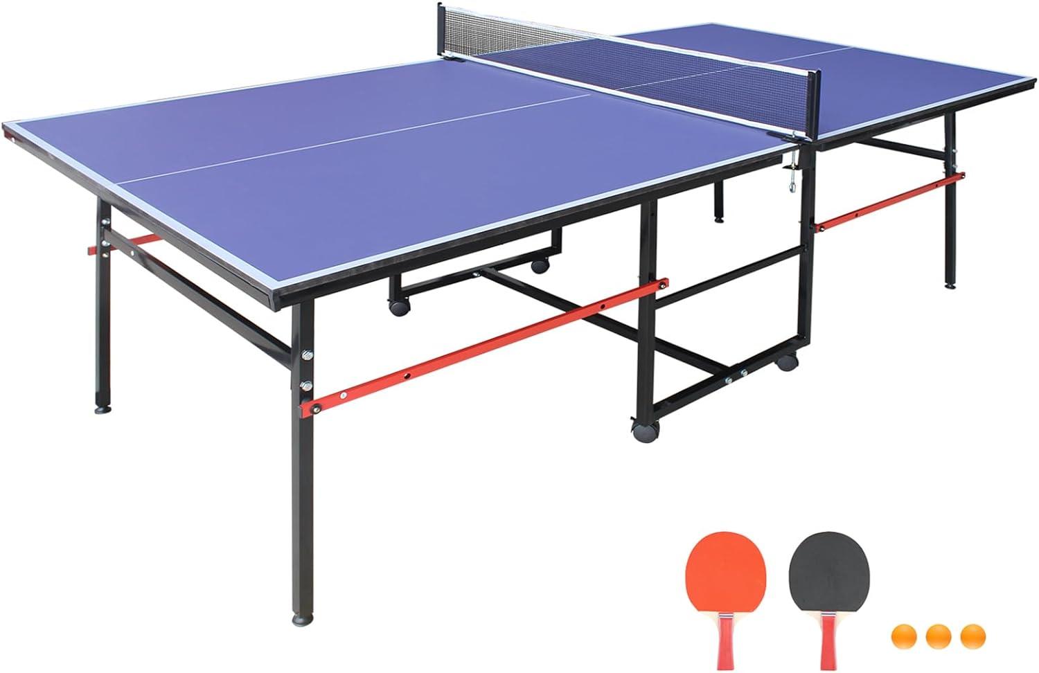 8FT Mid-Size Table Tennis Table, Foldable & Portable Ping Pong Table Set for Indoor & Outdoor Games with Net, 2 Table Tennis Paddles and 3 Balls, Blue+Black