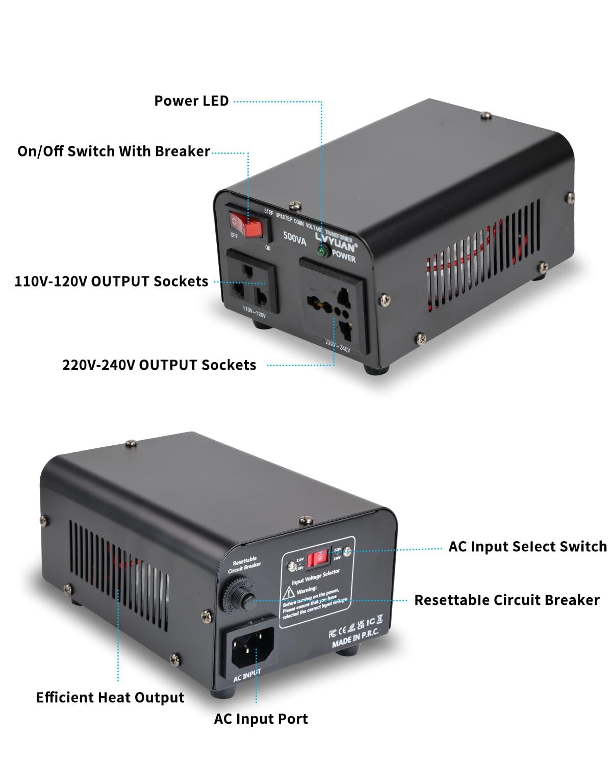 LVYUAN 500 Watt Voltage Transformer Converter Step Up/Down 110V 120V to 220V-240V / 220V-240V to 110V 120V