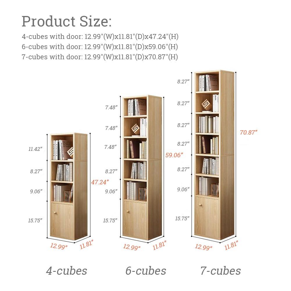 IOTXY Small Narrow Corner Bookcase - 59" Tall Free Standing Gap Storage Cabinet, 6 Lattices Open Shelves Tower Rack with Door, Cubes Bookshelf, White