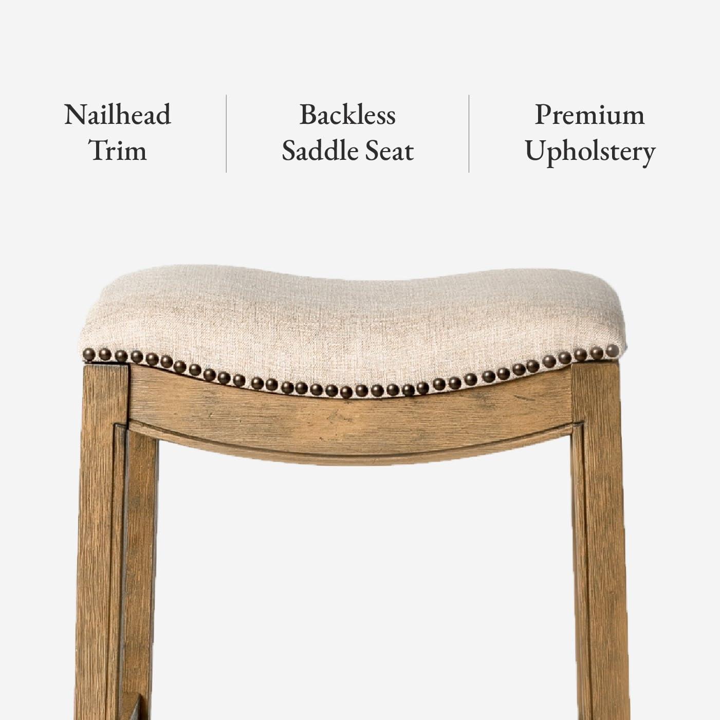 Maven Lane Adrien 26 Inch Counter Height Upholstered Backless Saddle Barstool in Natural Wood Finish with Wheat Cream Fabric Cushion Seat, Set of 3