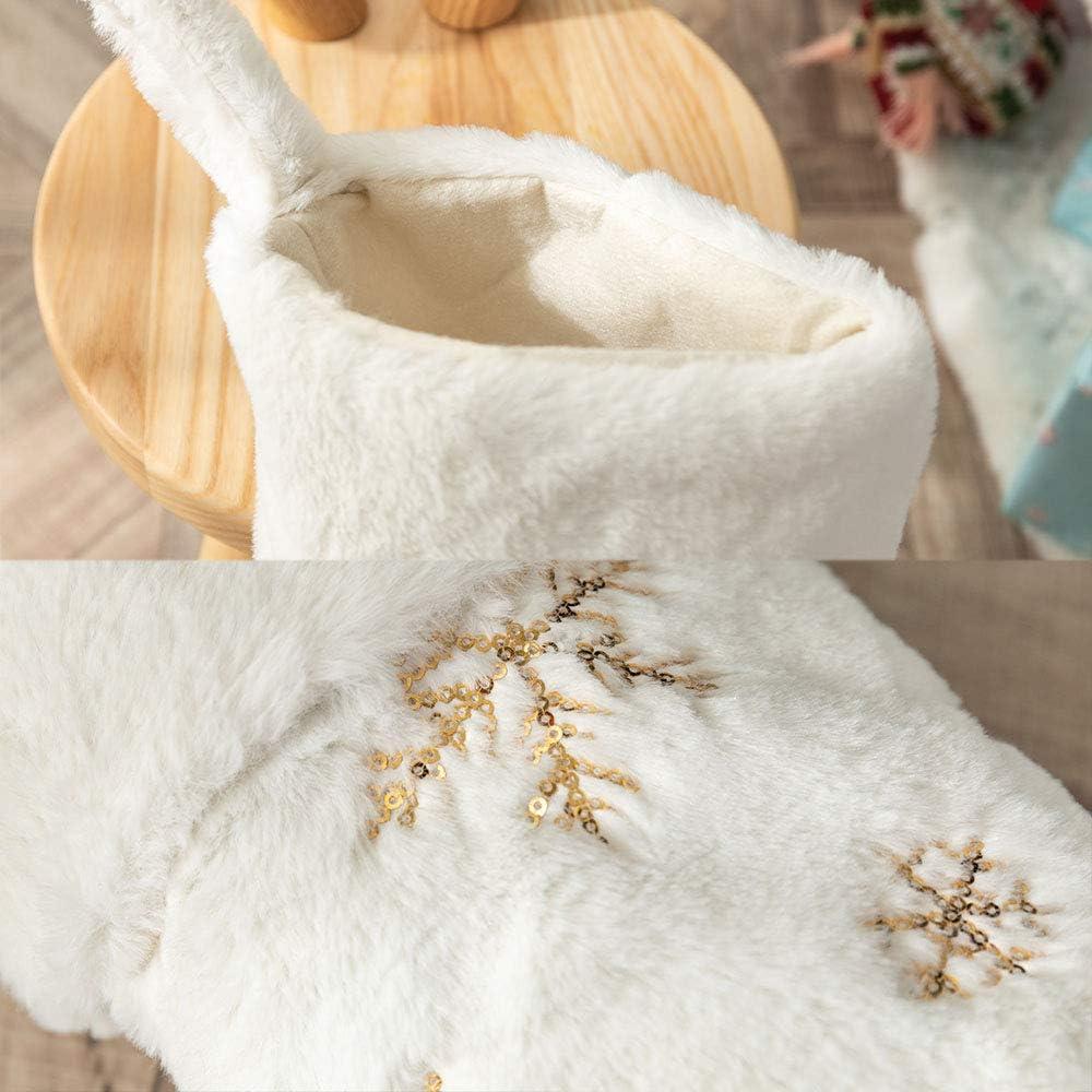 White Faux Fur Christmas Stockings with Gold Snowflakes, 22 Inches