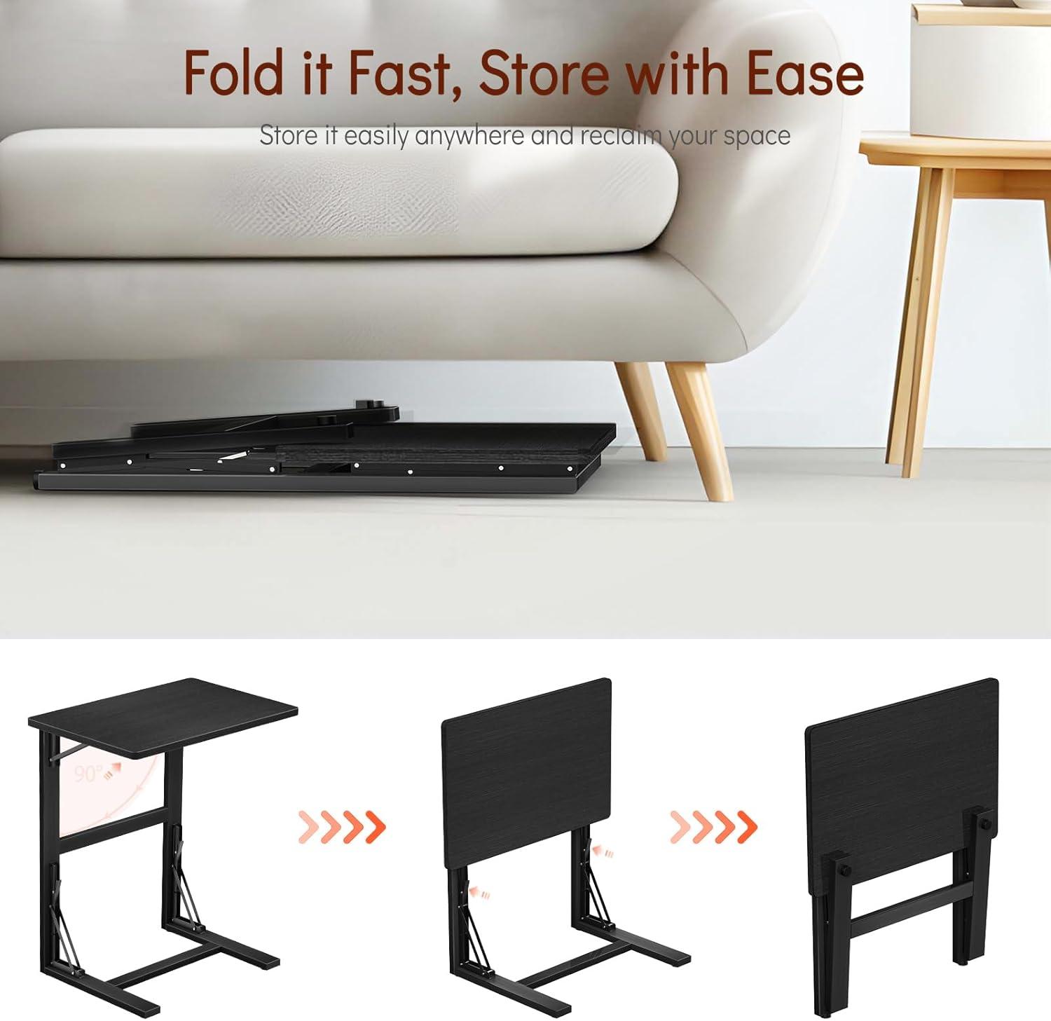 24'' Wide Folding C Shaped End Table, Small Sofa Side Laptop Desk, Couch TV Tray Table for Living Room, Bedroom, Bamboo, Black