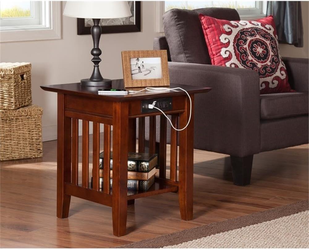 AFI Mission Solid Hardwood End Table with USB Charger Set of 2 Walnut