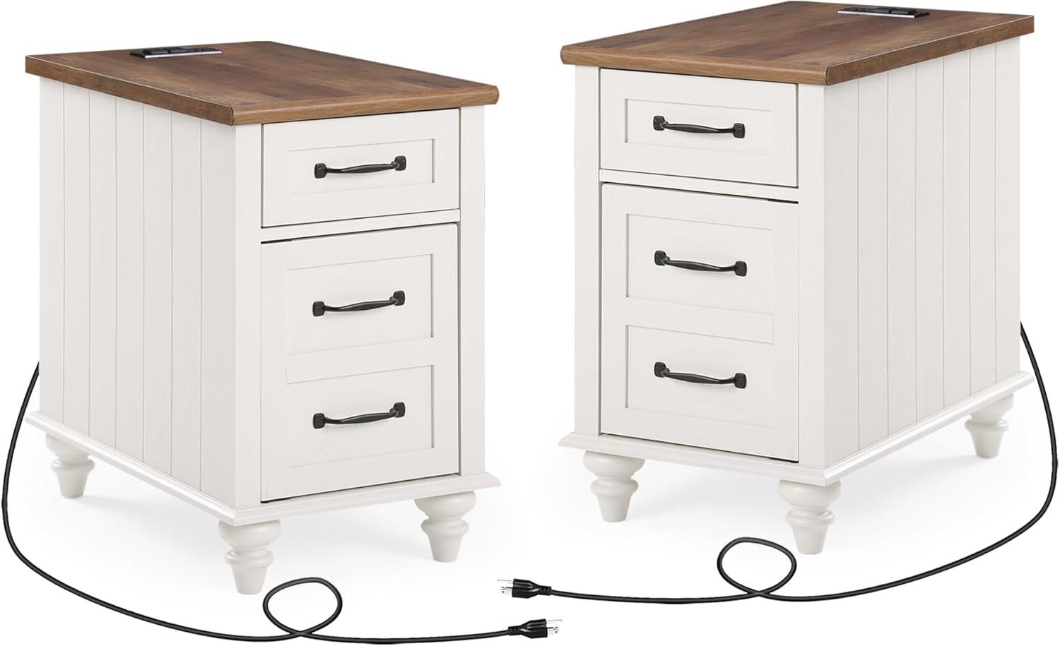 WAMPAT 2 Pack End Tables with Charging Station, Farmhouse Side Table with Drawer & Storage Cabinet, White Nightstand with Power Outlets & USB Ports for Living Room, Bedroom