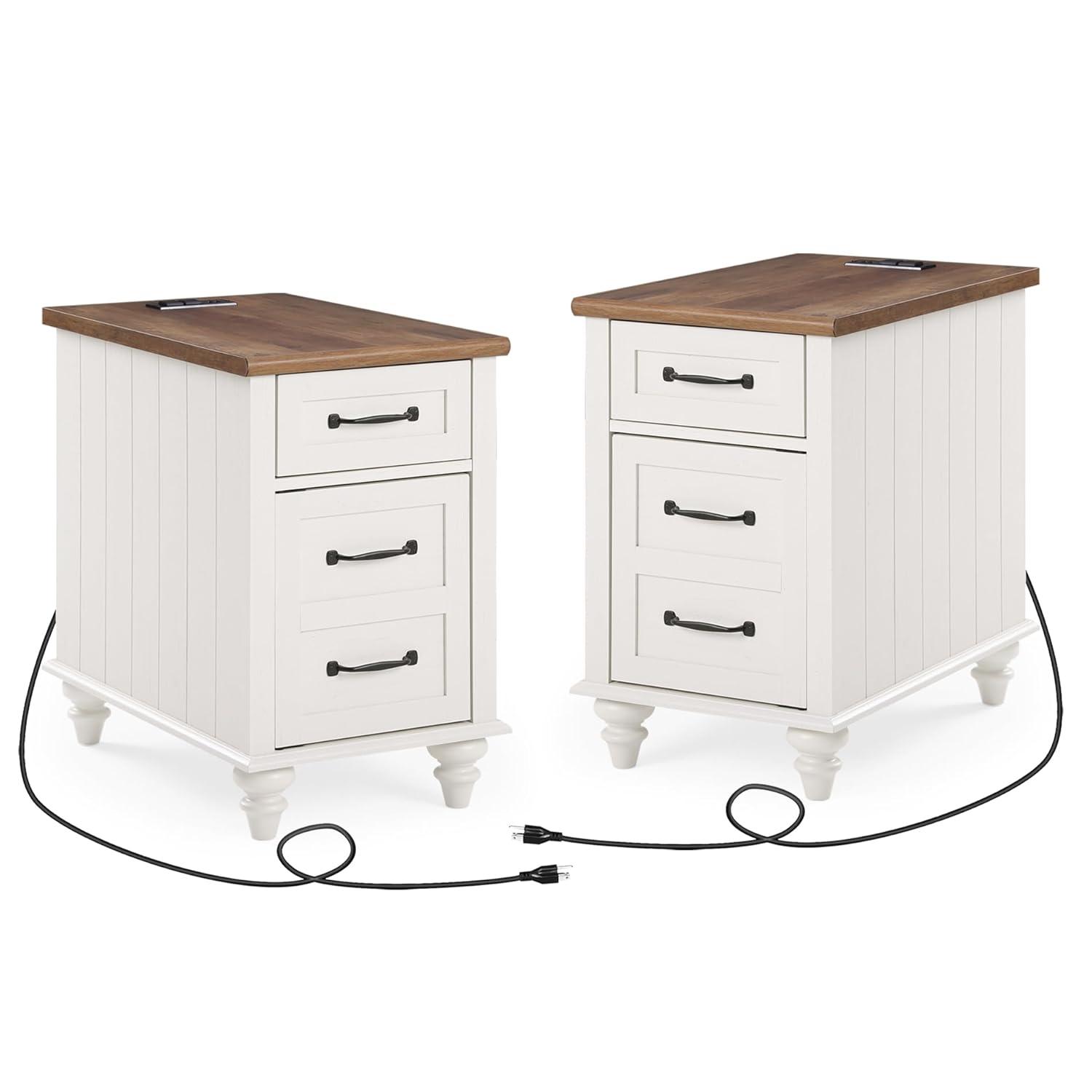 WAMPAT 2 Pack End Tables with Charging Station, Farmhouse Side Table with Drawer & Storage Cabinet, White Nightstand with Power Outlets & USB Ports for Living Room, Bedroom