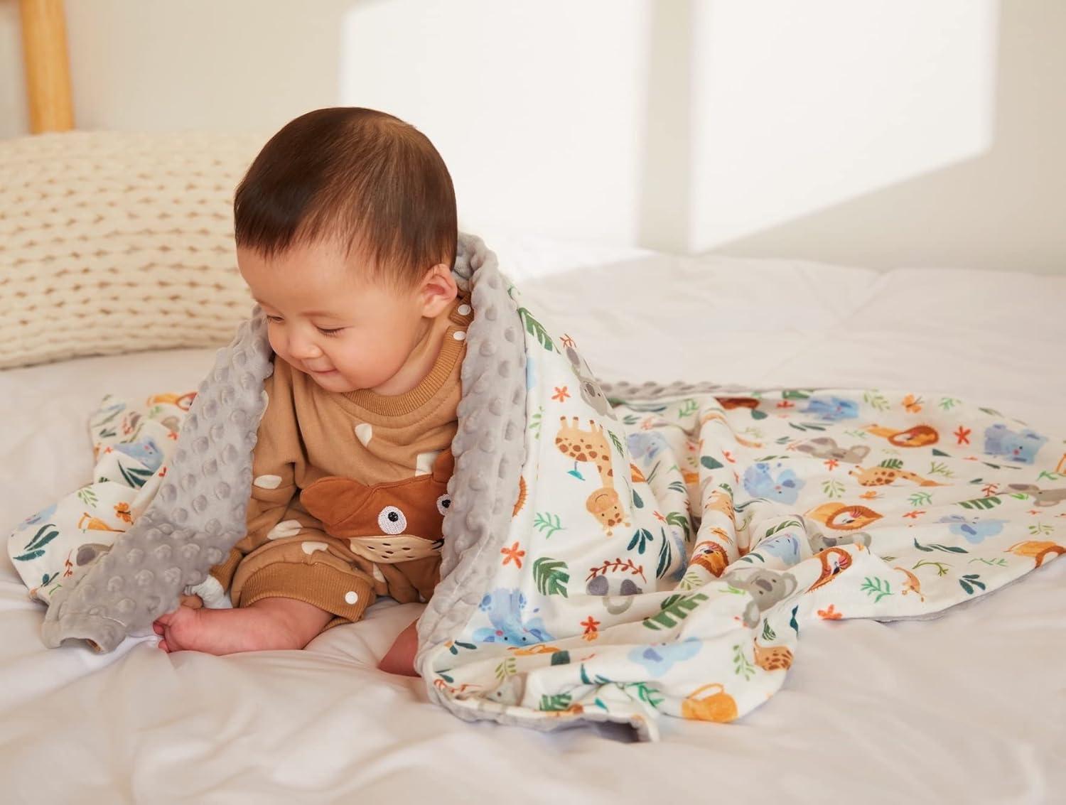 Cute Animal Minky Blanket for Boys & Girls - Soft Double Layer with Dotted Backing, Toddler to Newborn (30 X 40 inches)