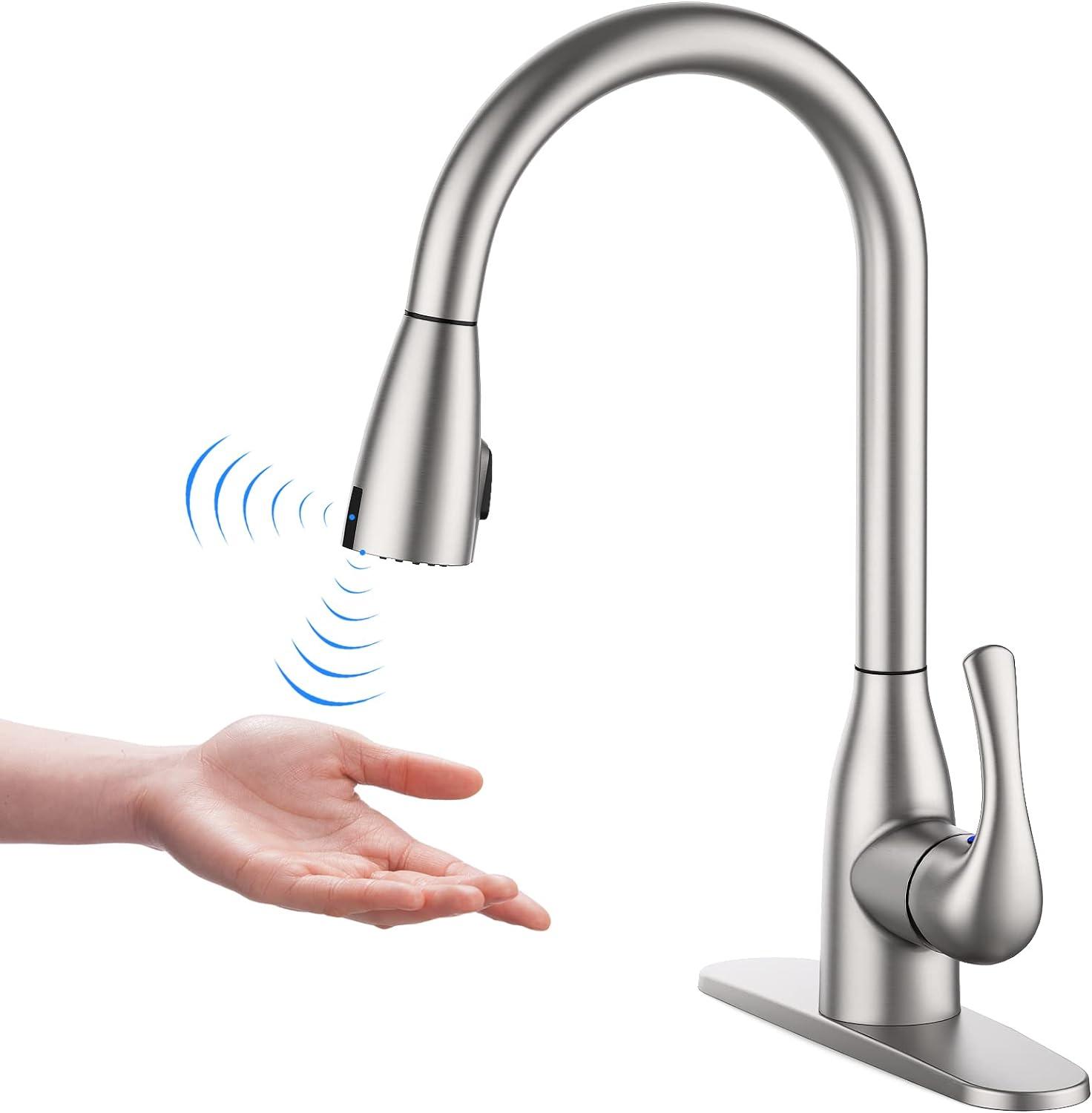 Kitchen Faucet with Pull Down Sprayer, Double Sensor Pulldown Faucet, High Arc Single Handle Faucet for 3 Hole Deck Mount