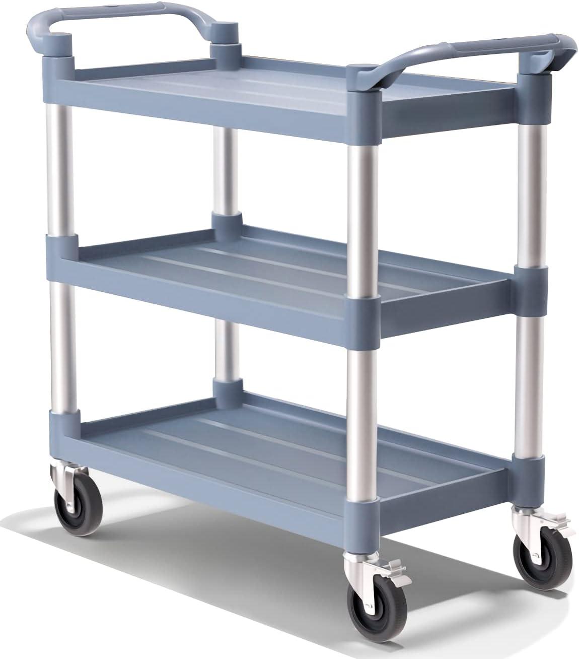 Service Cart Heavy Duty 3-Shelf Rolling Utility/Push Cart with Lockable Wheels, 360 lbs. Capacity, for Foodservice/Restaurant/Cleaning