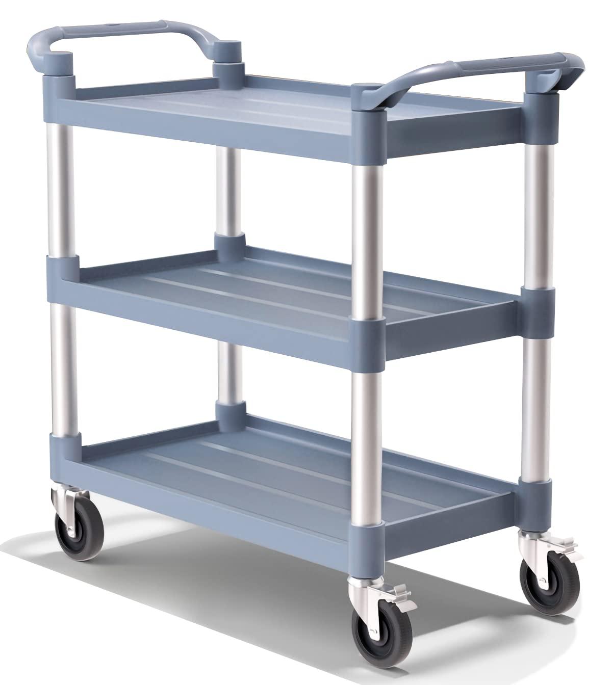 Service Cart Heavy Duty 3-Shelf Rolling Utility/Push Cart with Lockable Wheels, 360 lbs. Capacity, for Foodservice/Restaurant/Cleaning