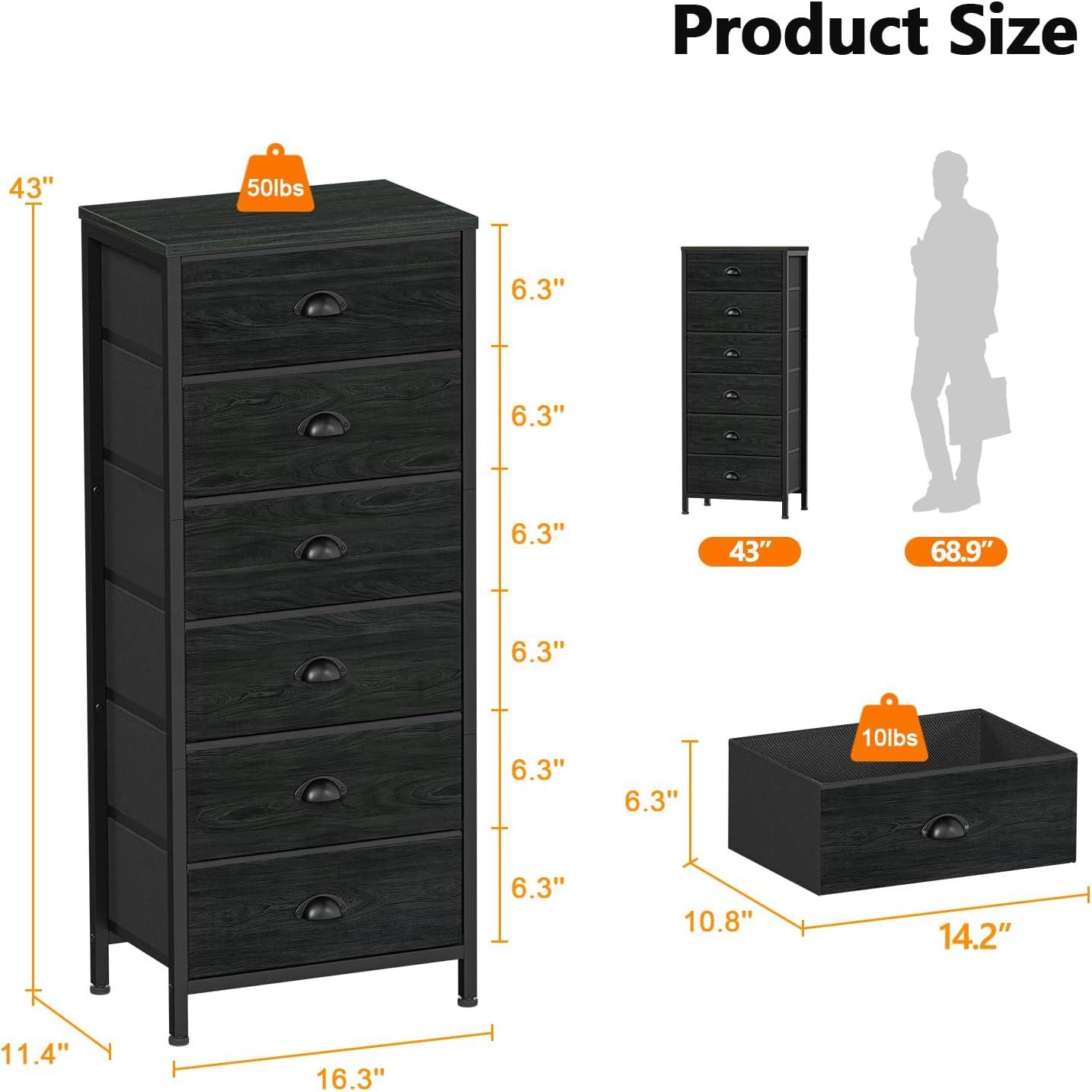 Black Oak Tall Dresser for Bedroom,Vertical Storage Tower Unit and End Table with 6 Drawers, Nightstand Furniture with Fabric Drawer Organizer in Living Room,Closet,Entryway,Hallyway