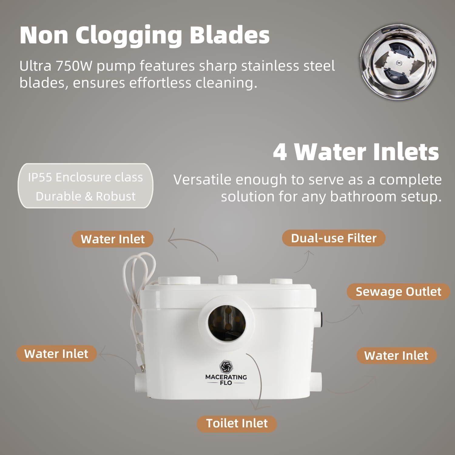 MaceratingFlo ARES 750W Upflush Toilet System, Elongated Bowl & 18" Comfort Height, 4-Inlet Ideal for Basements, Quiet & Efficient Macerator Pump Up to 36 Feet, Easy Installation