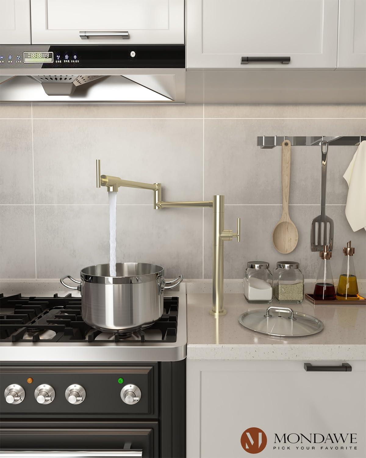 Pot Filler Faucet Wall Mount Kitchen Sink Faucet Stove Pot Filling Faucet with Double Joint Swing Arms Folding Faucet, Solid Brass Material, Lead-Free, Single Hole, Brushed Gold