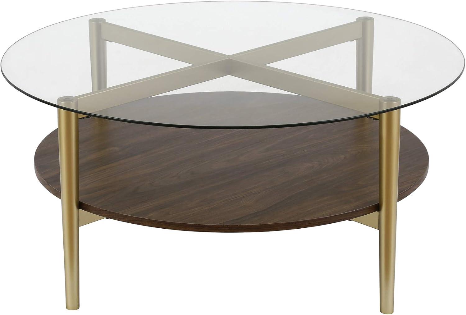 Evelyn&Zoe Otto 36" Wide Round Coffee Table with MDF Shelf, Gold/Walnut