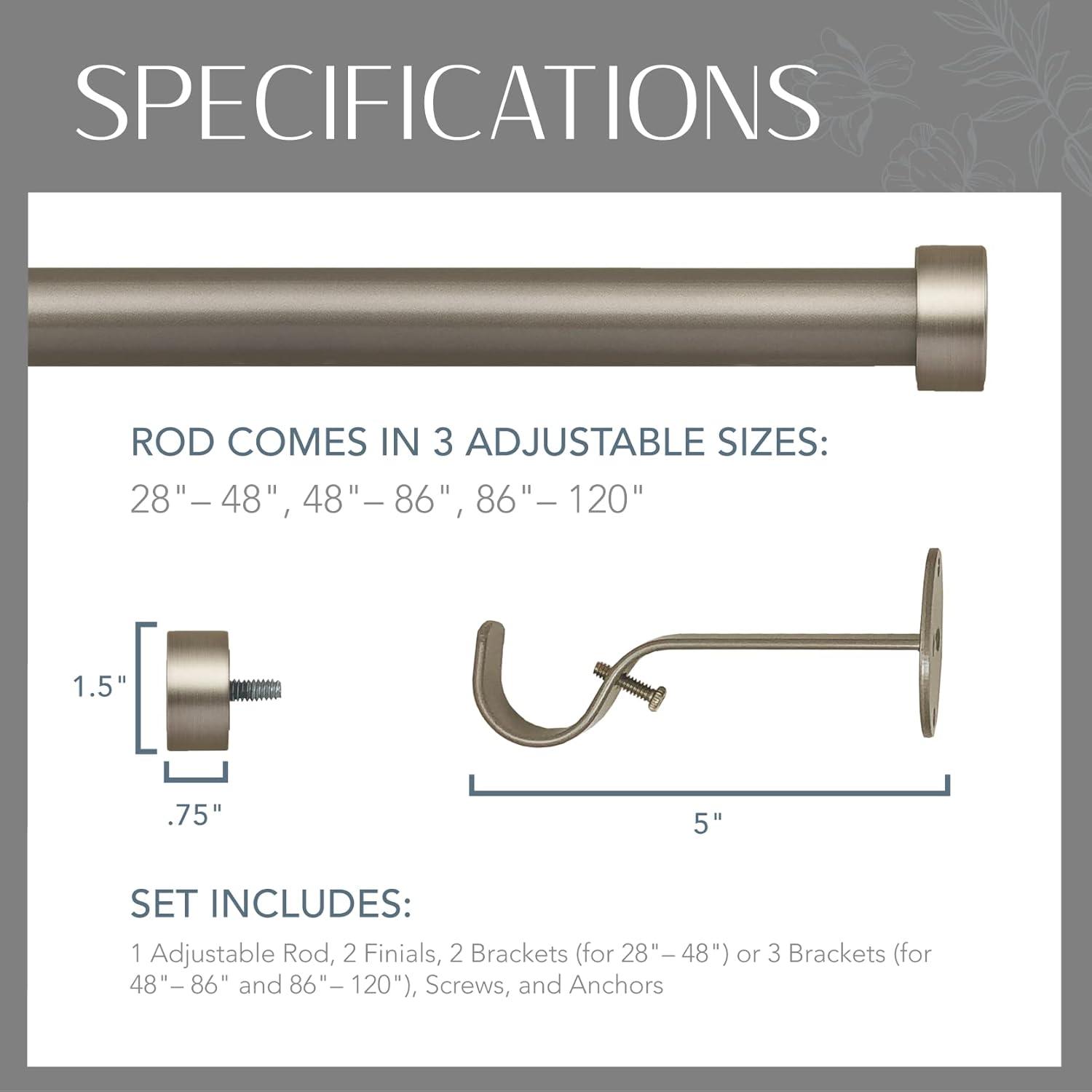 Serena 1" Window Drapery Single Curtain Rod with Contemporary Cap Finial - 86" - Pewter - Elrene Home Fashions