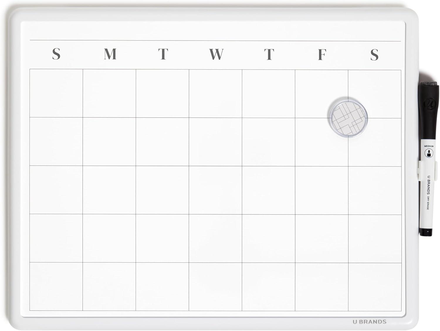 U Brands Magnetic Dry Erase Monthly Calendar, 14 x 11.66, White Surface, White Plastic Frame