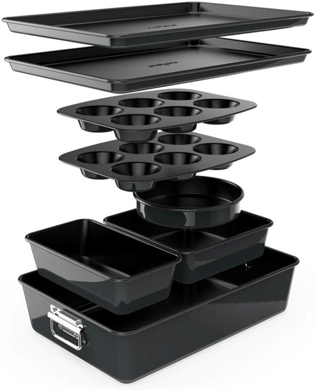 NutriChef 8-Piece Nonstick Stackable Bakeware Set - Pfoa, Pfos, Ptfe Free Baking Tray Set W/ Non-Stick Coating, 450°F Oven Safe, Round Cake, Loaf, Muffin, Wide/Square Pans, Cookie Sheet