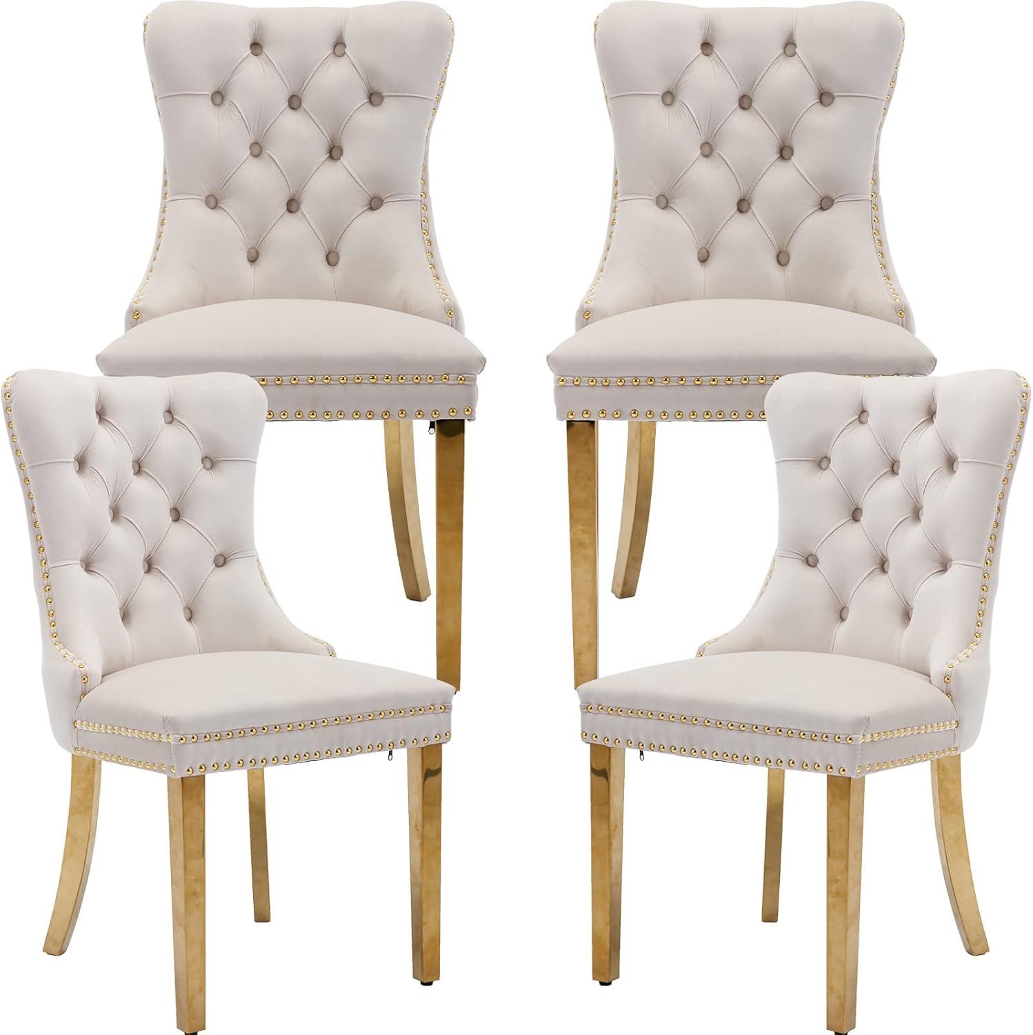 Beige Velvet Upholstered High Back Side Chair Set