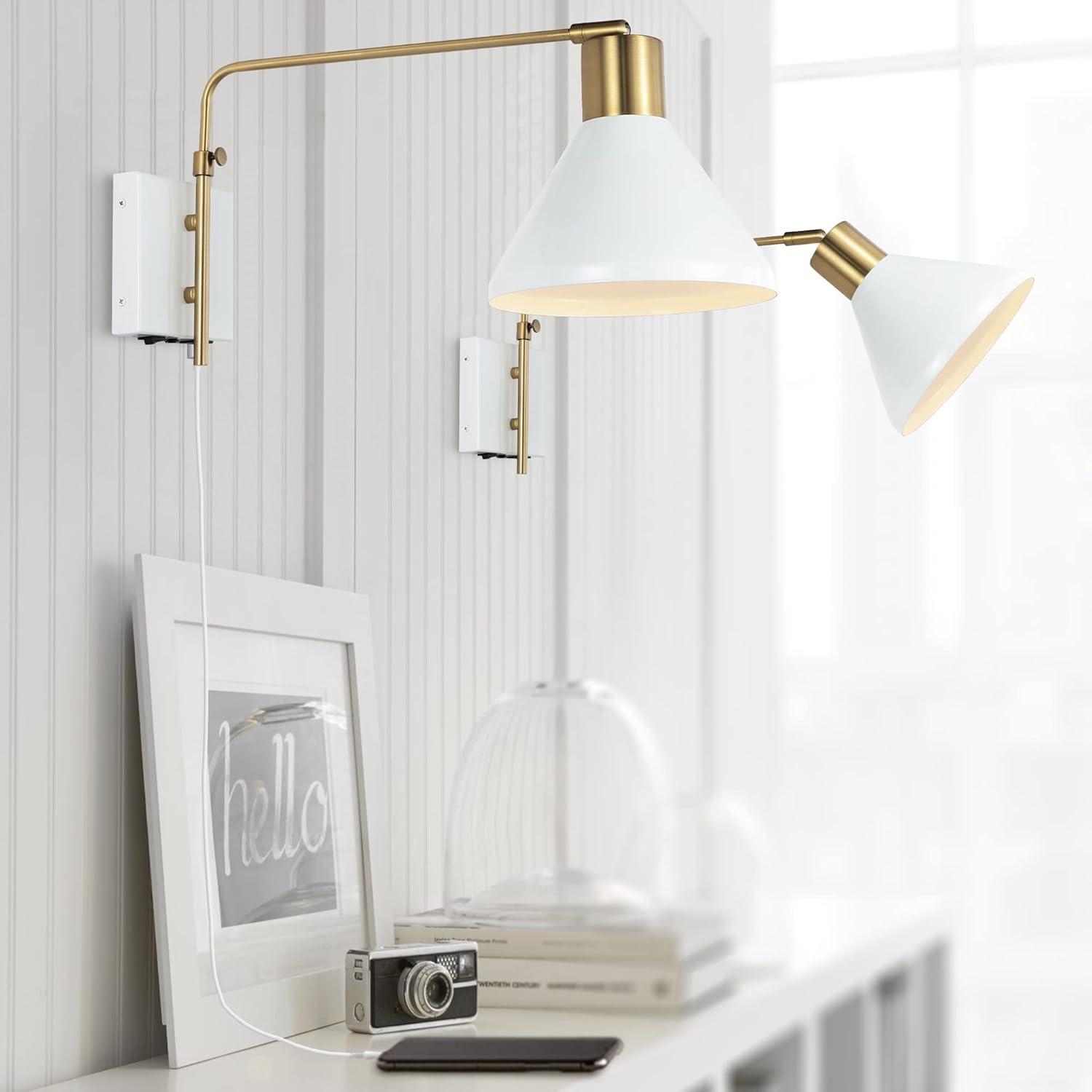 Max 20.5" Swing Arm 1-Light Modern Midcentury Iron USB Charging Port LED Sconce, White/Brass Gold