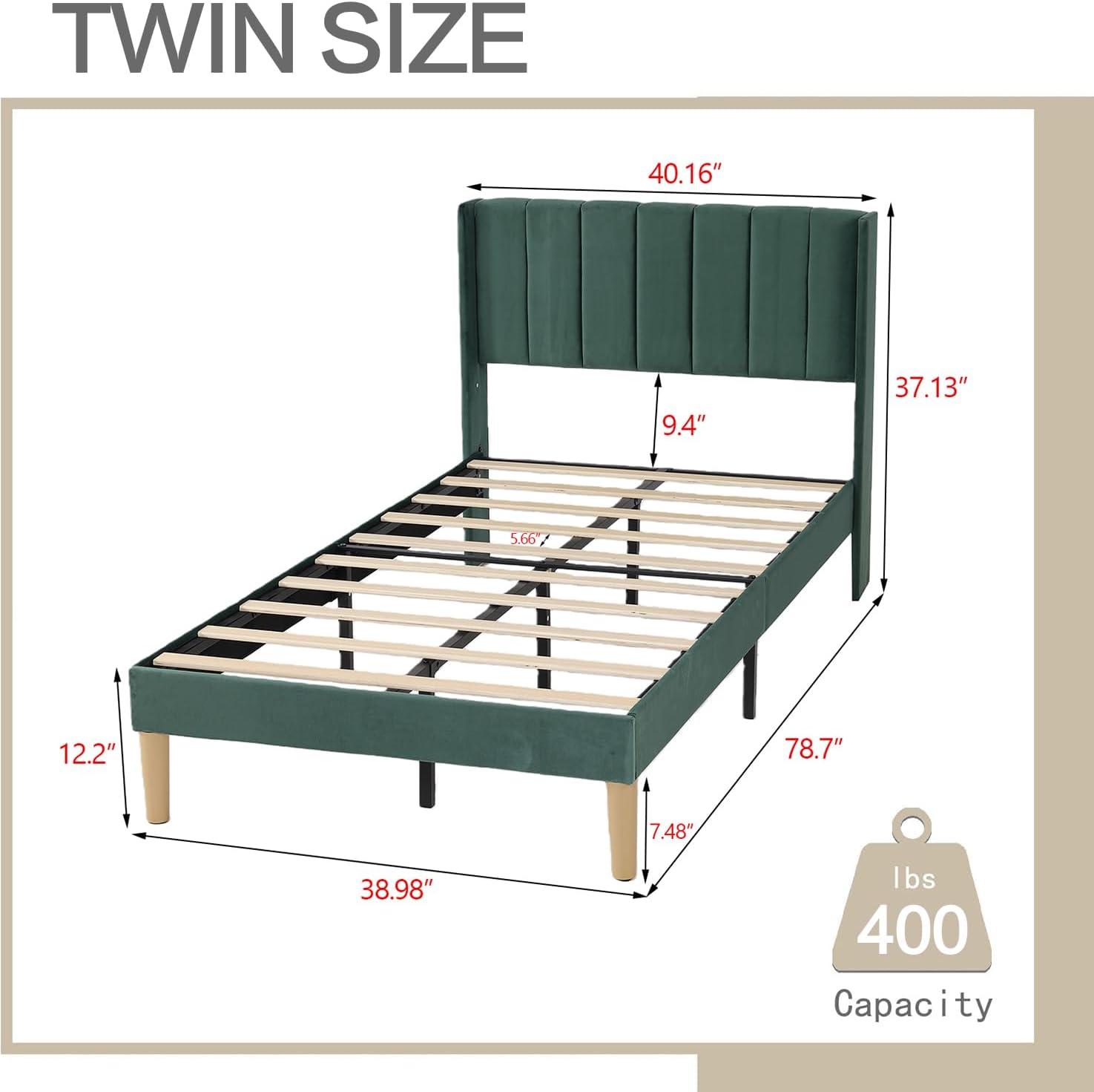 AGARTT Upholstered Platform Bed Frame Twin Size with Headboard and Footboard/Wooden Slats Support/No Box Spring Needed/Easy Assembly, Green Velvet