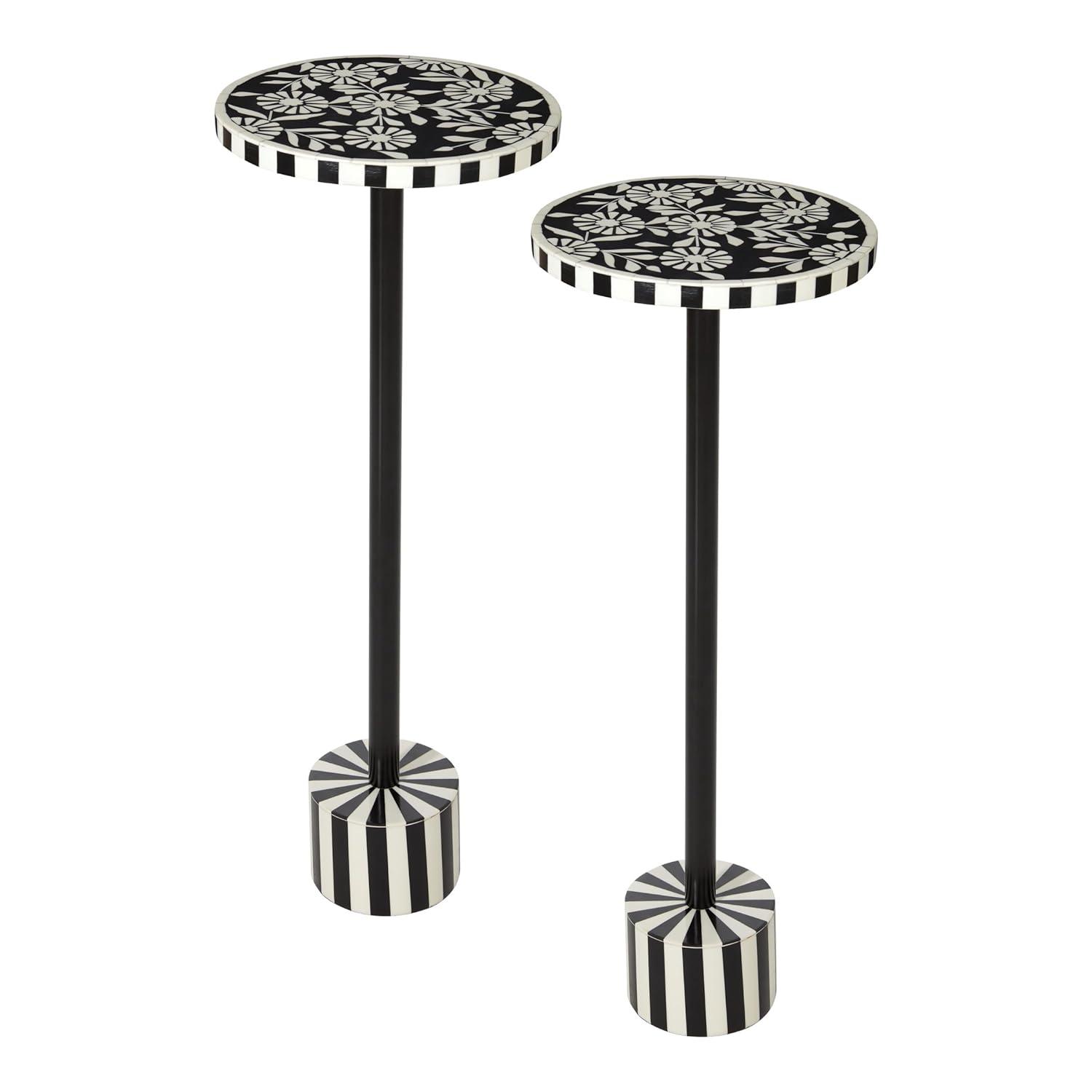 OSP Home Furnishings Round Side Table, Set of 2, Mosaic Black and White Top with Black Metal Base