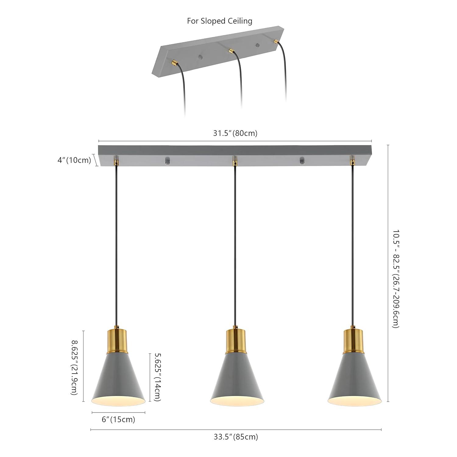 Apollo 33.5" 3-Light Mid-Century Modern Iron Adjustable Linear LED Pendant, Gray/Brass Gold