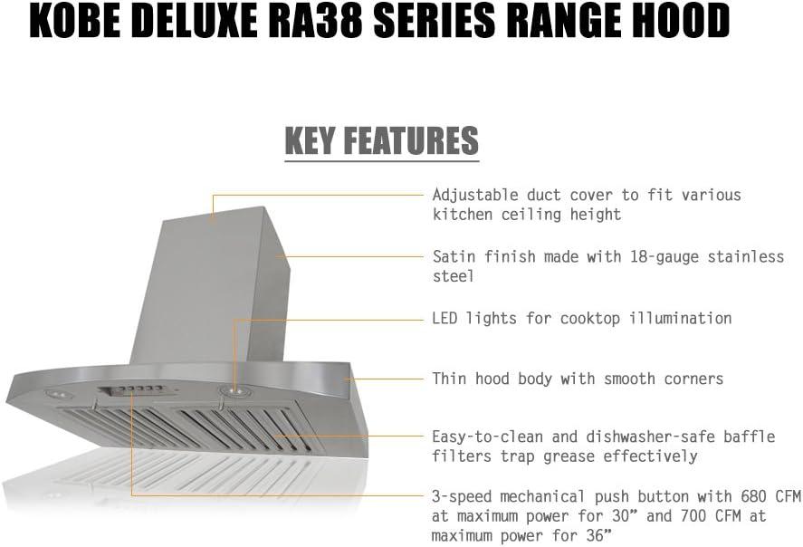 KOBE RA3830SQB-WM-1 Premium 30-inch Wall Mount Range Hood