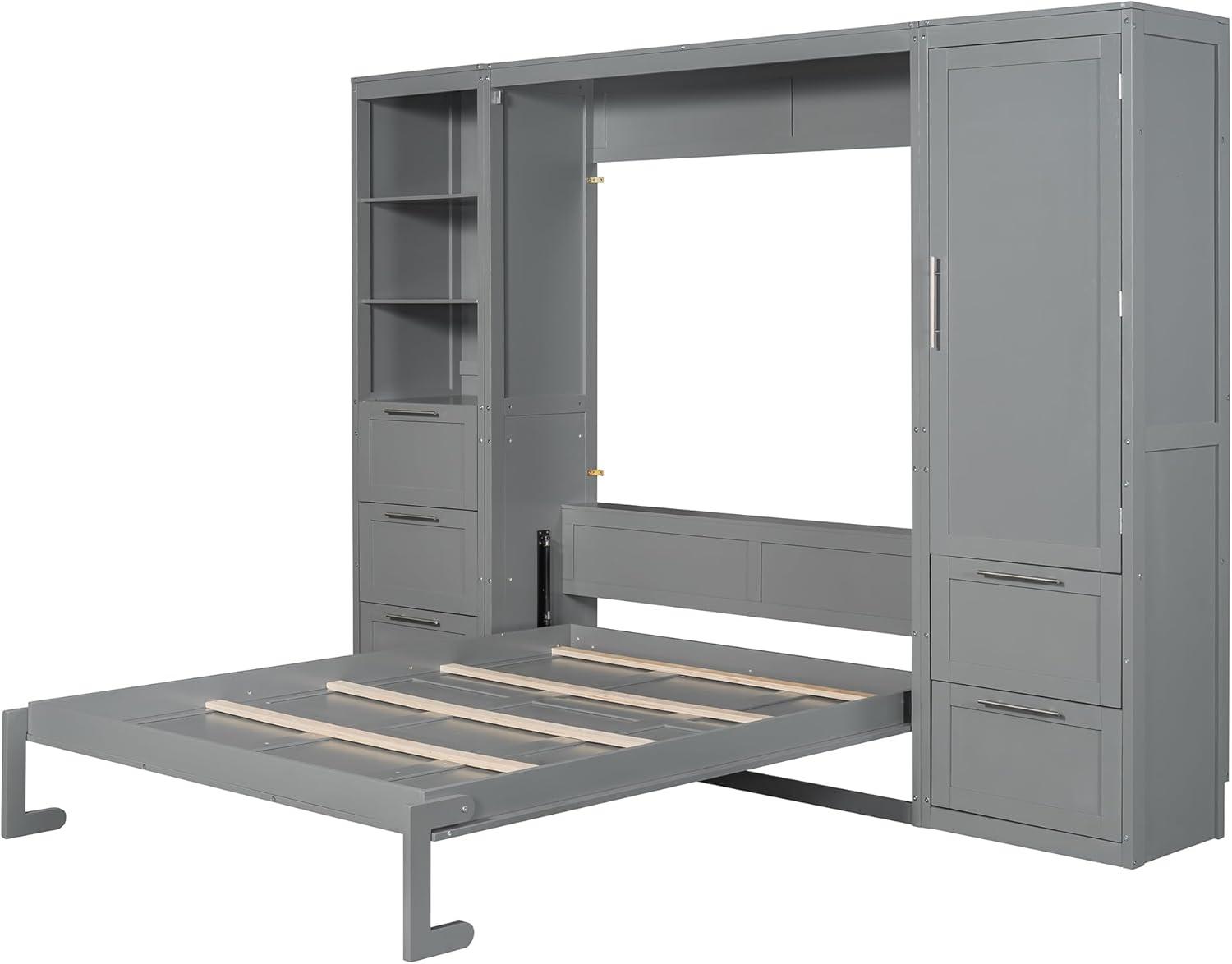 Merax Queen Size Murphy Bed, Wooden Wall Bed with Drawers, Closet and Shelves, Gray