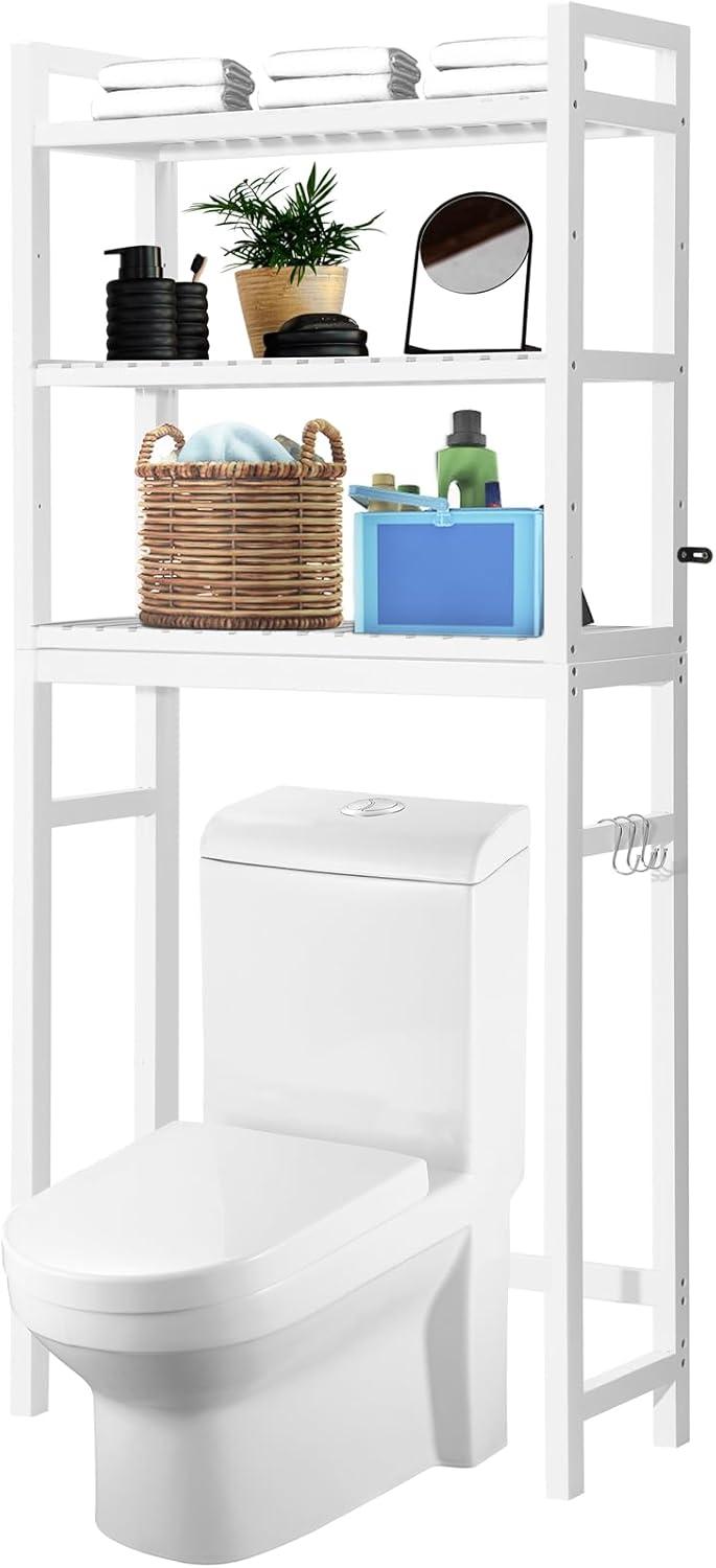 Over The Toilet Storage, 3-Tier Bathroom Organizer Over Toilet with Sturdy Bamboo Shelves,Multifunctional Toilet Shelf,Easy to Assemble and Saver Space, 25 * 10 * 64 Inches, White